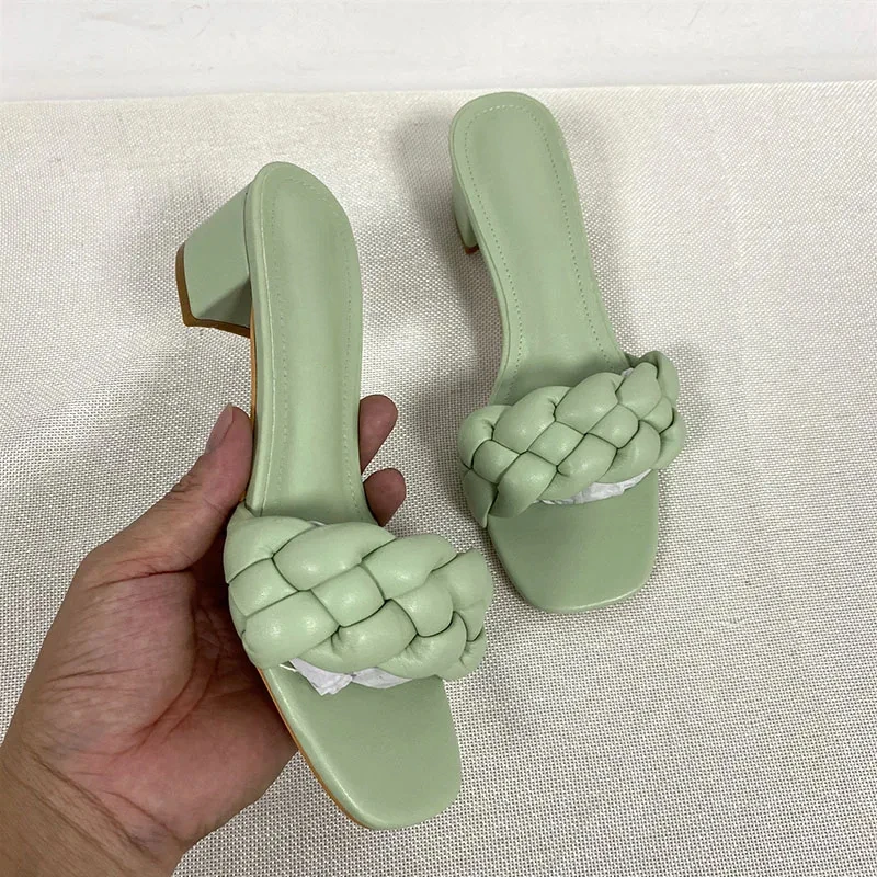 Square Low Heel Woman Sandals Summer Weave Designer Open Toe Fashion Mid Heels Leather Casual Outside Lady Beach Shoes