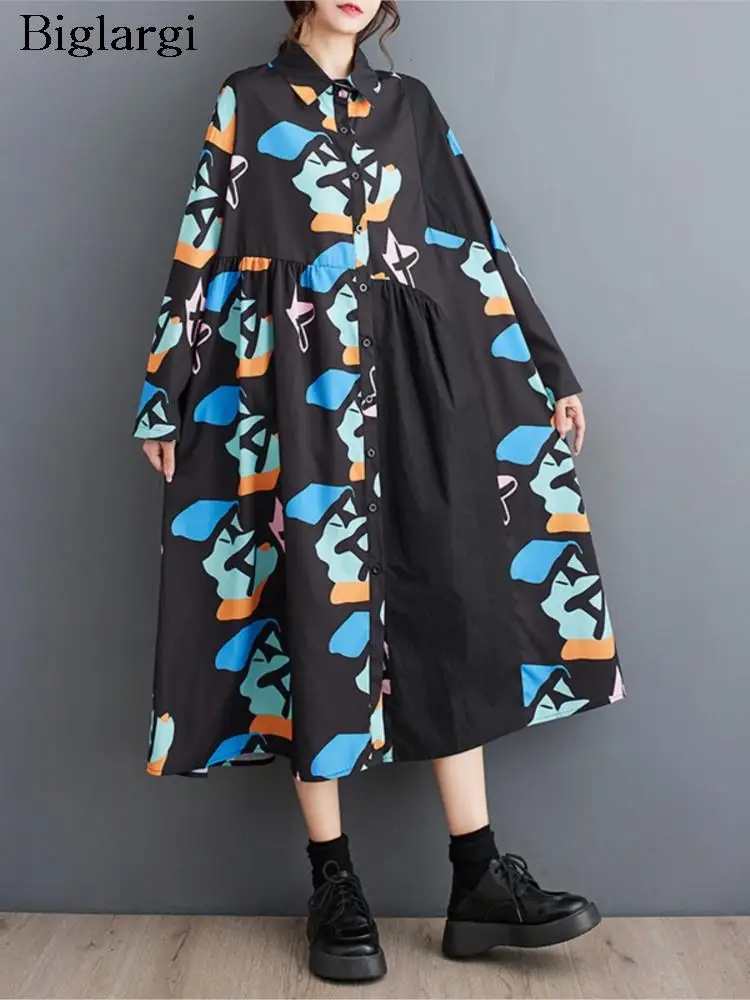 

Oversized Spring Autumn Midi Shirt Dress Women Irregular Geometric Print Fashion Loose Pleated Ladies Dresses Casual Woman Dress