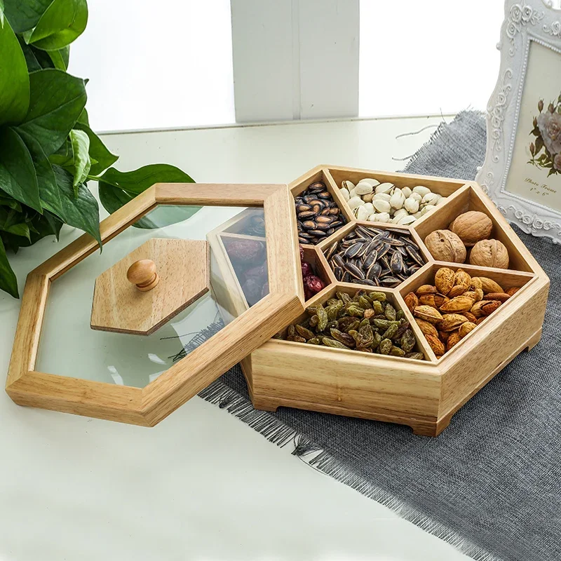 

Solid Wood Dried Fruit Tray Chinese Living Room Wooden Partition with Cover Dustproof Storage Boxes Creative Home Snack Case