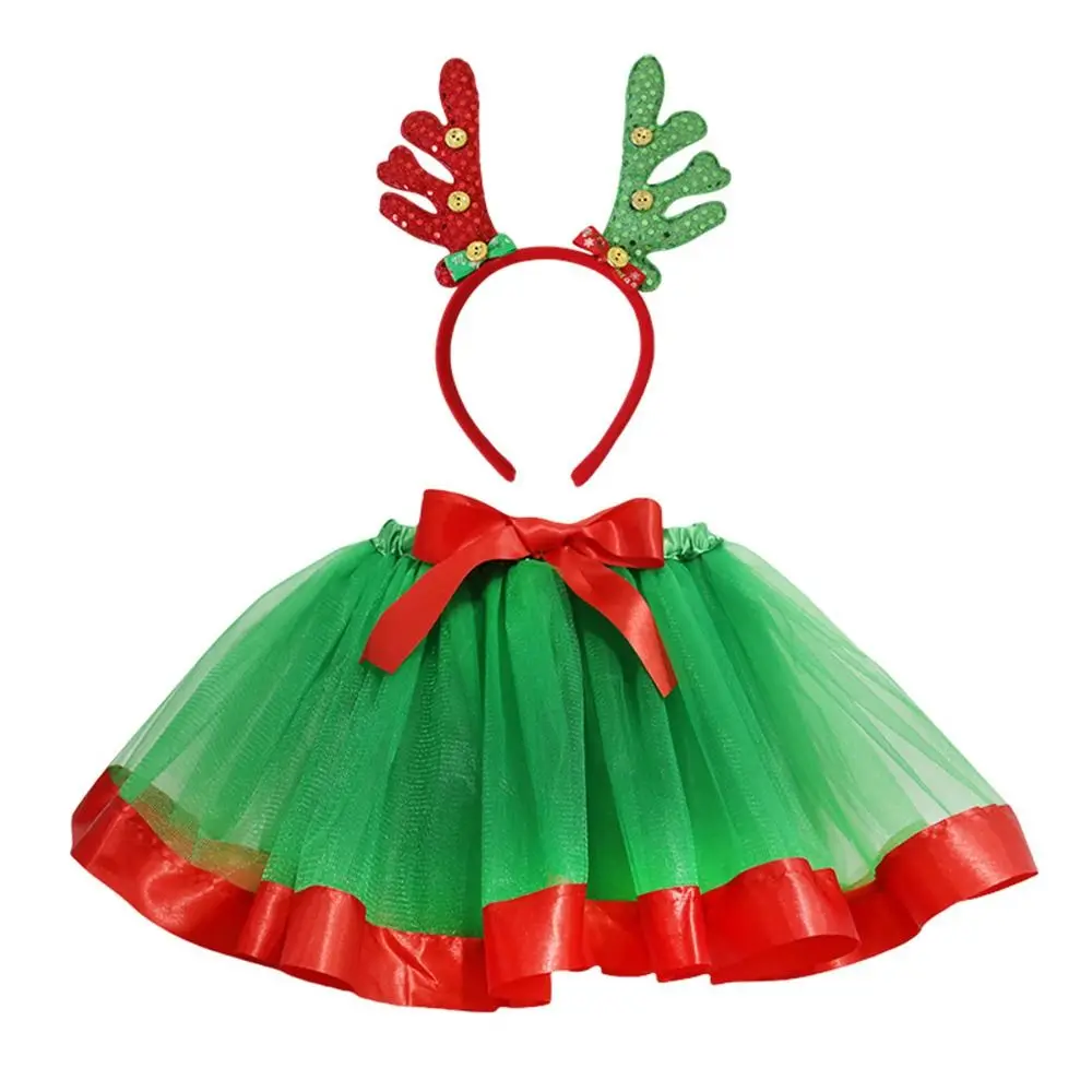 With Antler Headband Christmas TUTU Skirt Set for Kids 2-Piece Set Mesh Christmas Party Performance Outfit