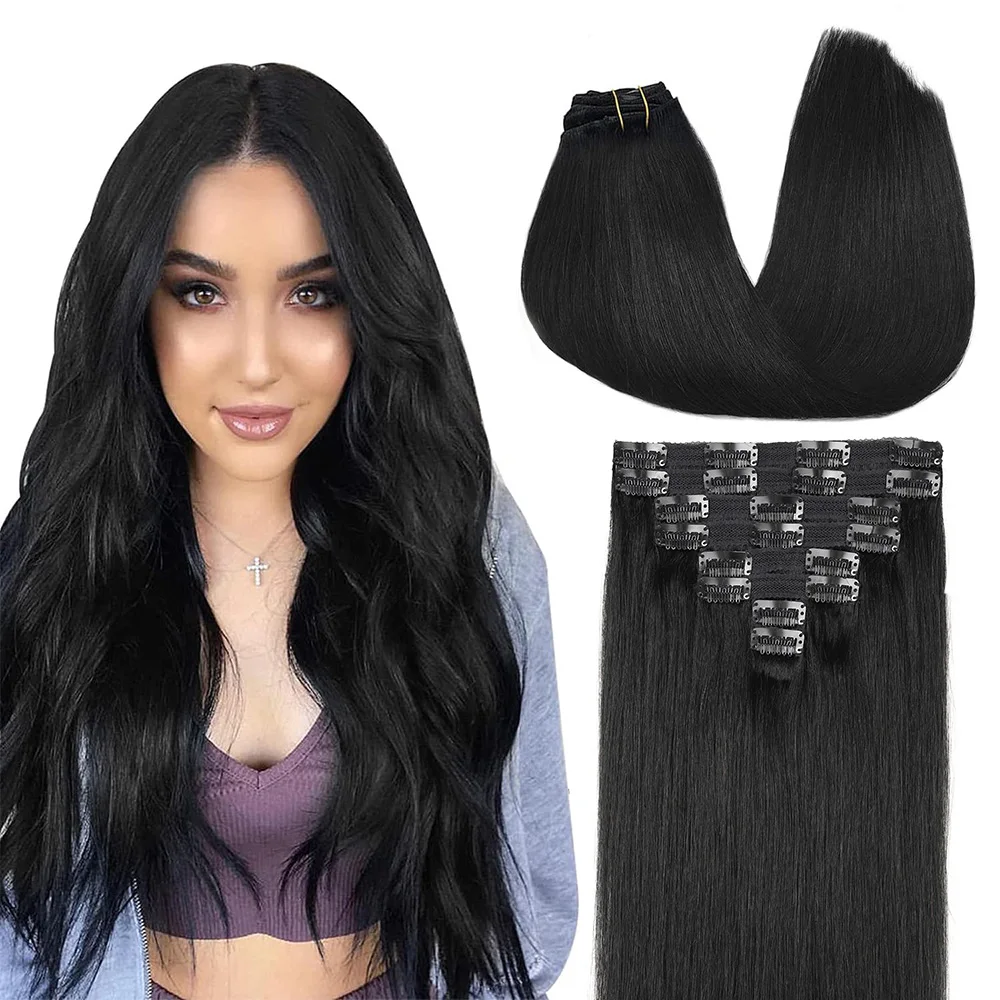 

Straight Clip In Hair Extension Human Hair Full Head Clip Ins Seamless Double Weft Clip Hair Extension for Women Jet Black #1