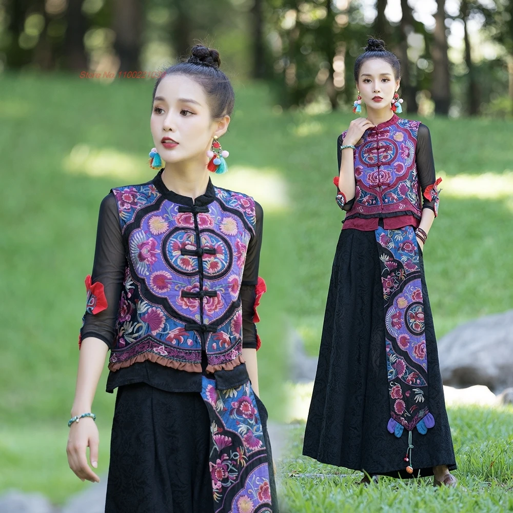 2024 national flower embroidery stand collar folk vest retro tang suit chinese traditional sleeveless jacket ethnic vintage vest