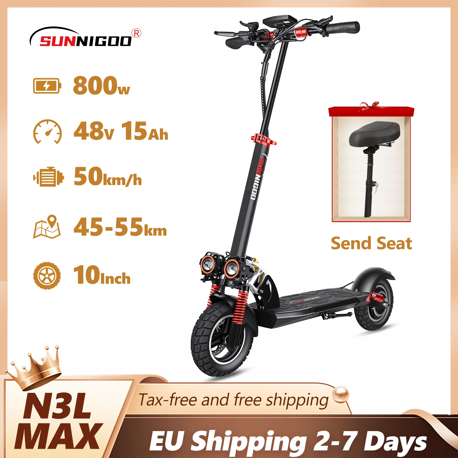 Trottinette électrique avec siège, 800W, vitesse maximale 45-50 km/h, autonomie 55 km, pneus tout-terrain 10 pouces, double amortissement, pliable. 1 Trottinette électrique avec siège, 800W, vitesse maximale 45-50 km/h, autonomie 55 km, pneus tout-terrain 10 pouces, double amortissement, pliable. 1