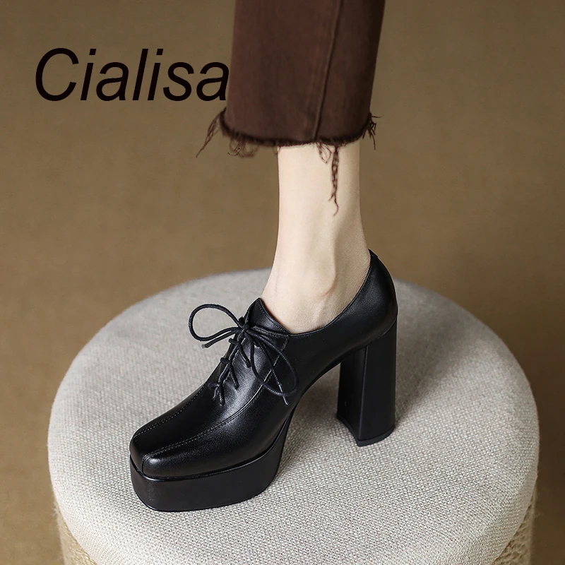 

Cialisa High Quality Real Leather Women's Pumps 2023 Spring New Cross-Tied Platform Shoes Ladies Super High Heels Footwear Black