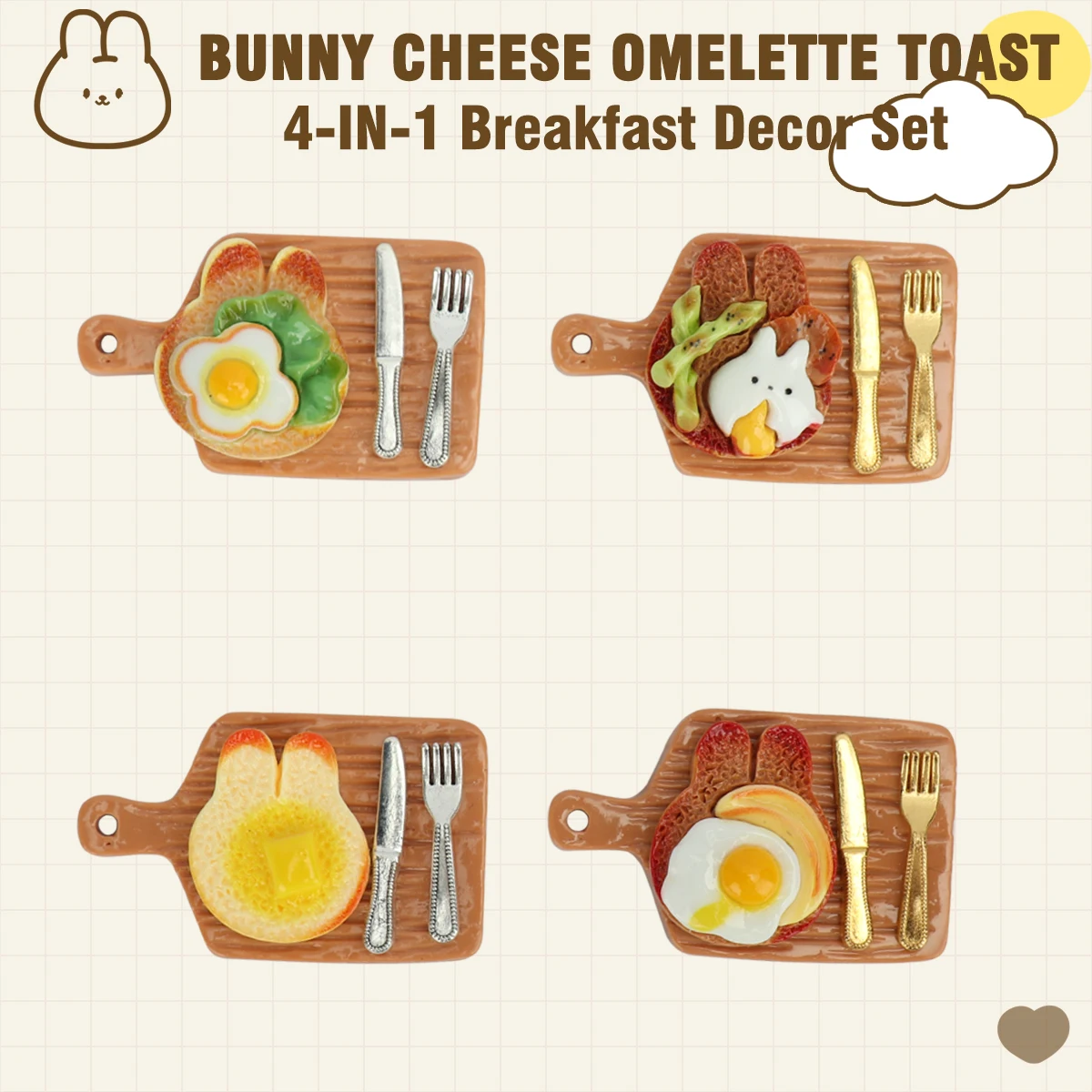 16pcs Simulation Food Play Rabbit Cheese Fried Egg Toast Tray Mini Knife And Fork Set Miniature Scene Doll House Decoration