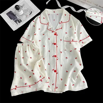 Summer Short Sleeve Sleepwear Women's Bubble Gauze Pleated Cardigan Sweet Little Cherry Thin Home Clothes Set Casual Style 2