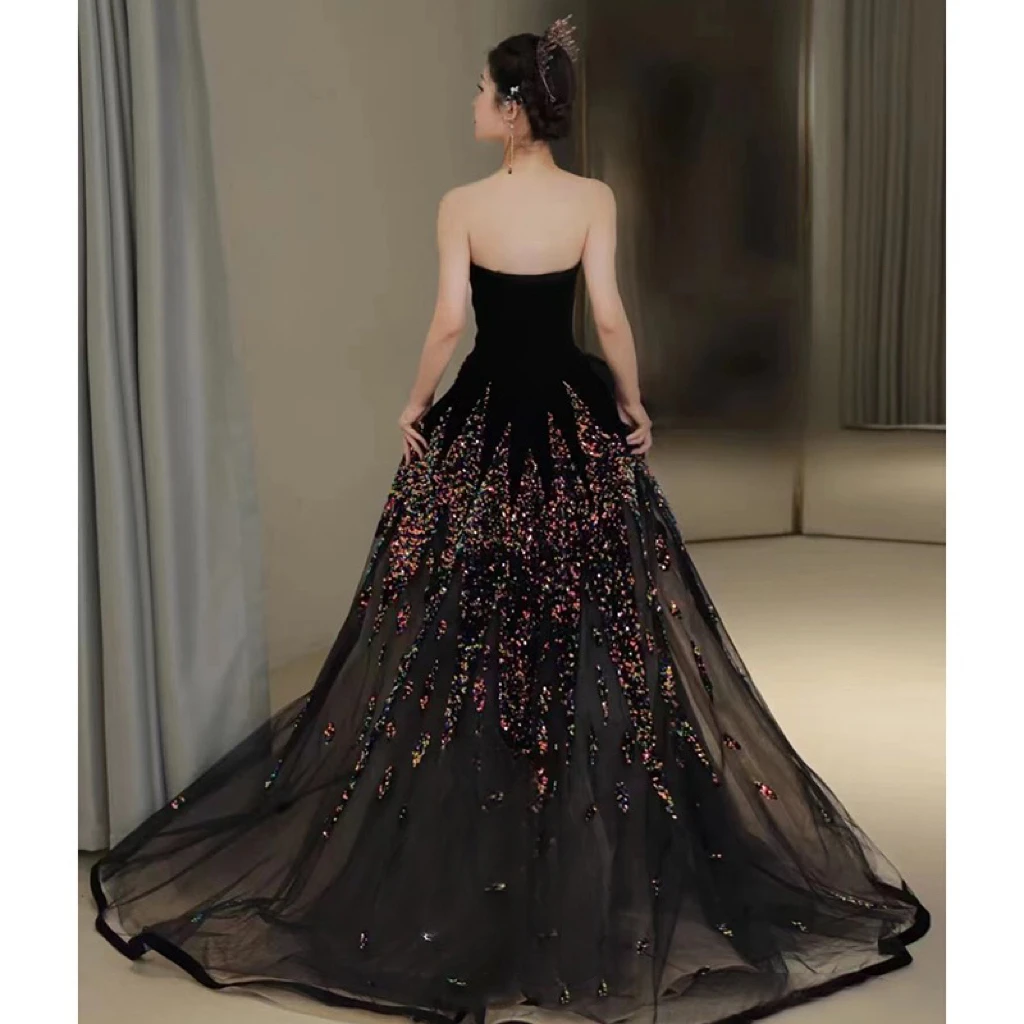 Fashion Luxury Black Celebrity Dress Strapless Boat Neck A-line Sequins Sparkling Formal Party Gowns For Women Vestidos De Noche