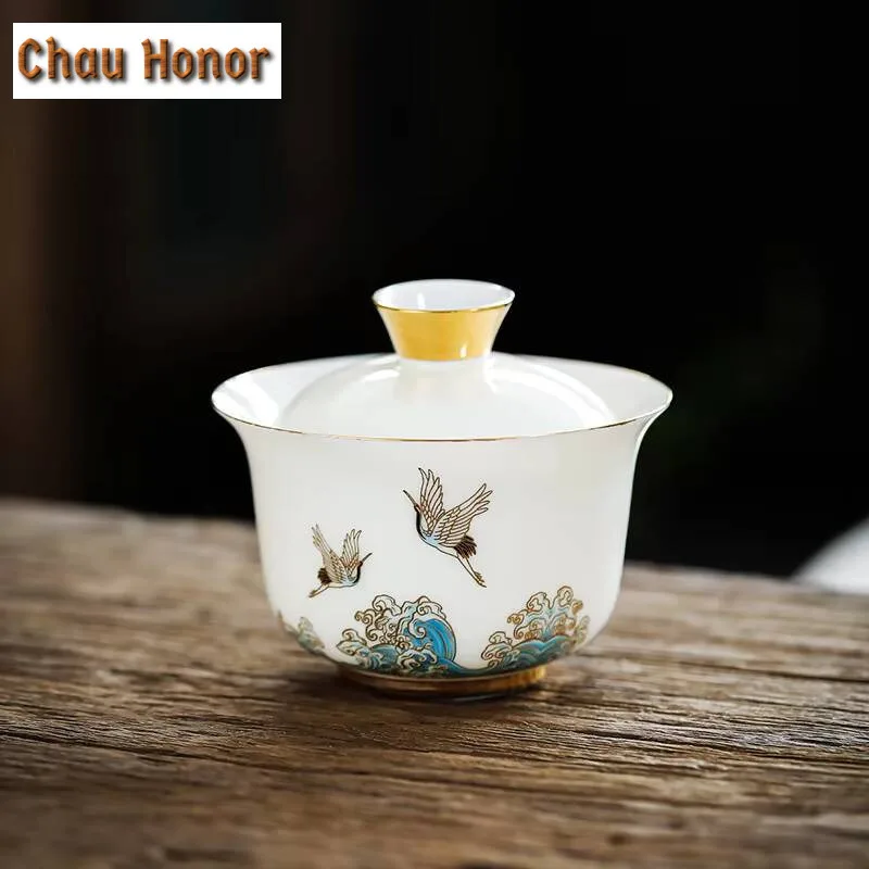 200ml Crane Mutton Fat Jade White Porcelain Gaiwan Japanese Tea Tureen Tea Bowl With Lid Kit Tea Maker Cover Bowl Cafes Ornament