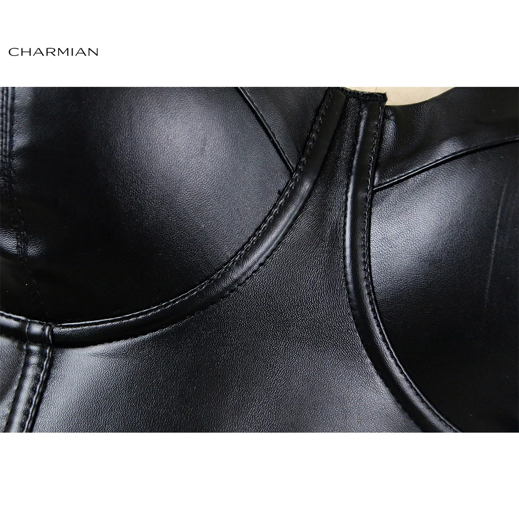 Charmian PU Leather Bustier Crop Top Women's Steampunk Sexy Spaghetti Strap Push Up Plus Size Party Corset Bra Top Black Gothic