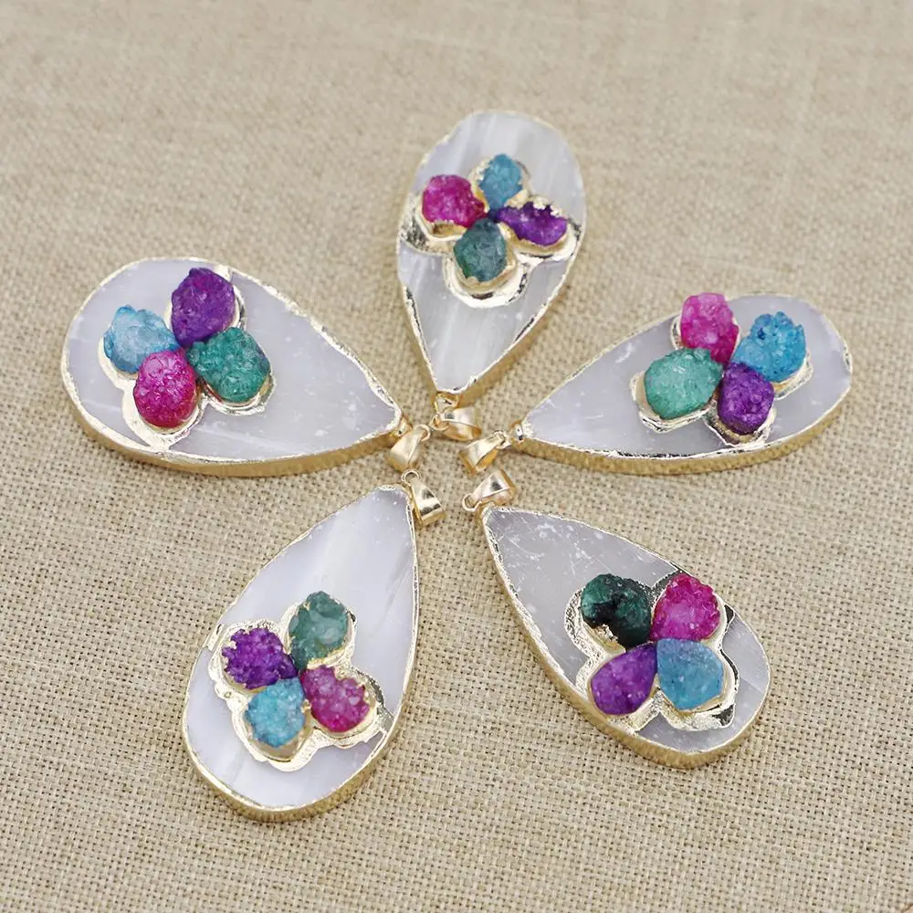 

4pcs/lot New Natural Selenite Plaster Water Droplets Pendants Purple Agate Mineral Reiki Healing Energy Stone Charm DIY Necklace