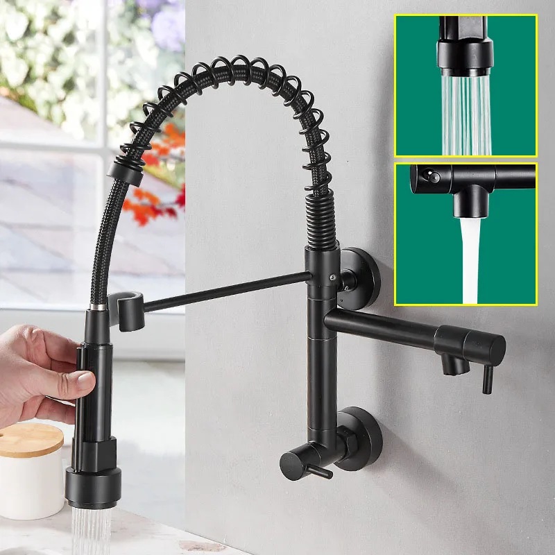 

GEGVE Pull Out Spout Kitchen Faucet Rotatable Metope Spring Wall Faucets Brass Mixer Home Taps Stream Sprayer Head Cold Water