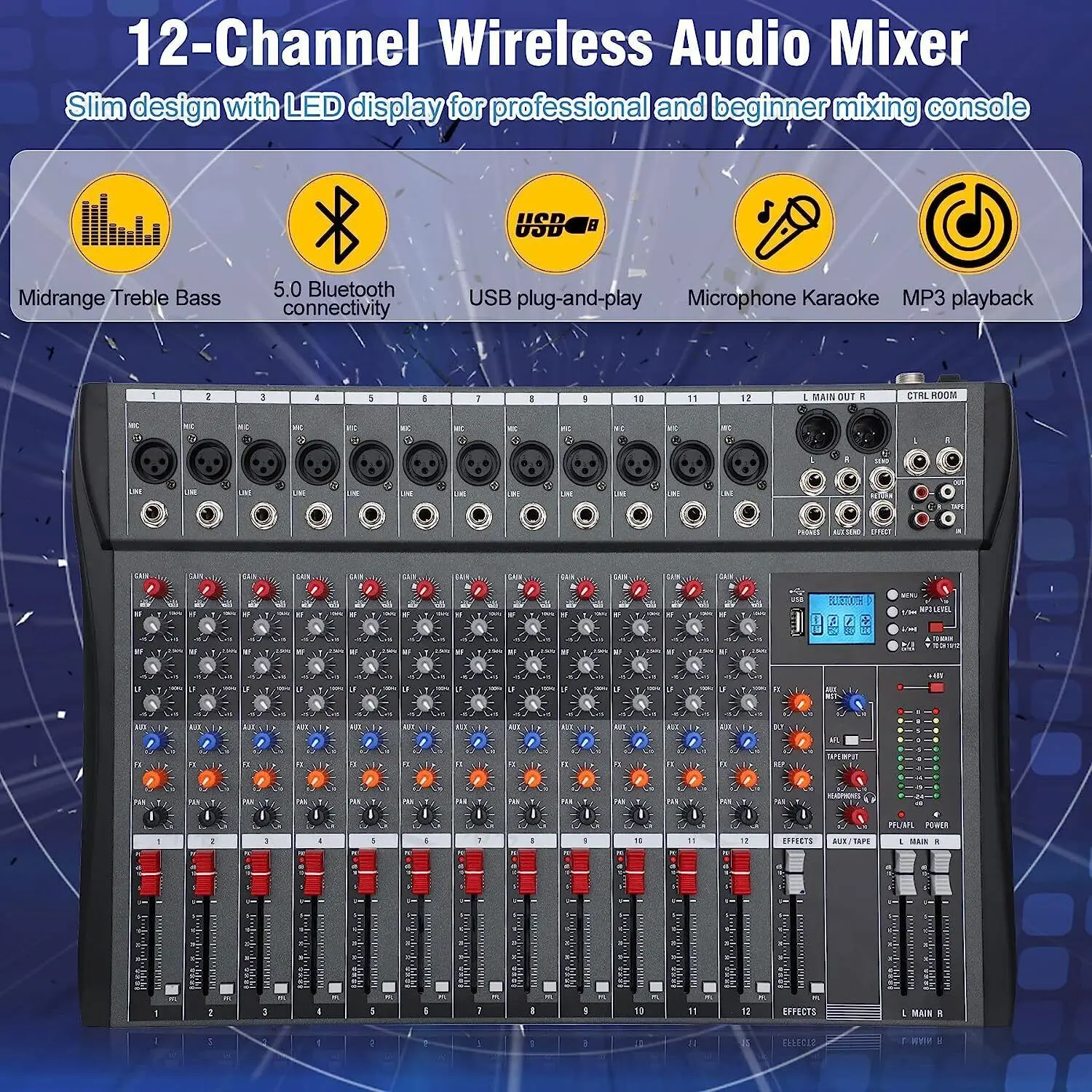 12 Channel DJ Studio Audio Professional Audio Mixer Console Sound Live Studio Sound Mixing Console Machine w/ USB