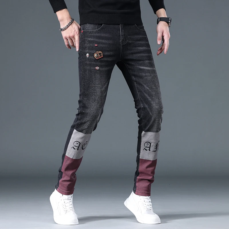 Four Seasons Fall Winter Fashion Jeans Men's Embroidered Skinny Personality Trendy and Thin Looking Black Popular Long Pants