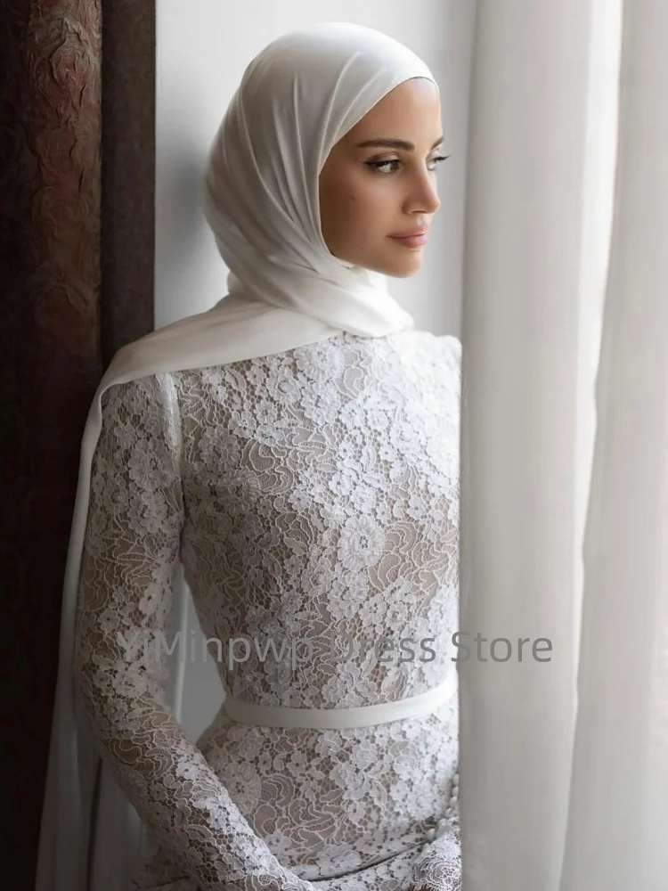 Muslim Lace Weddings Dresses with High Neck Long Sleeves Mermaid Hijab Brides Dress Elegant Islam Garden Bridal Gown Customized