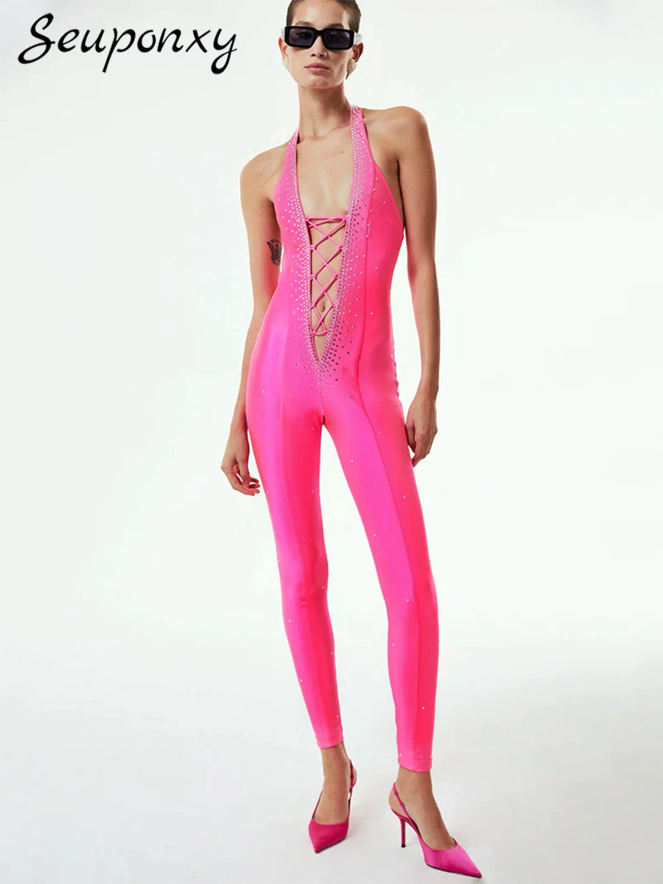 

High Quality Black Women'S Bandage Jumpsuit 2023 New Sexy Hollow Sleeveless V-Neck Luxury Diamond Fashion High Street Jumpsuit