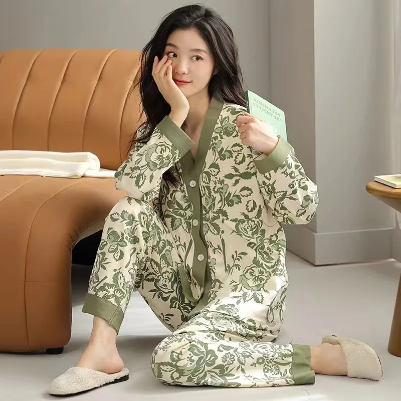 Spring Autumn Women's Milk Silk Pajamas V-neck Long Sleeve Cardigan Pants Cartoon Loose Casual Home Clothing Set Sweet Sleepwear