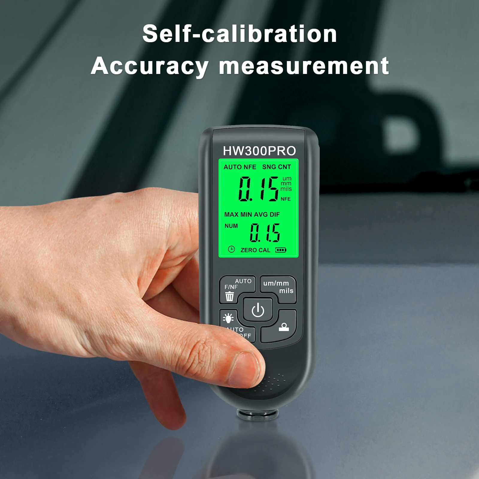 Digital Coating Thickness Gauge for Automotive Paint & Metal - HW-300PRO with Backlit LCD, ±(3%+1μm) Precision, 0-2000μm Range, 2
