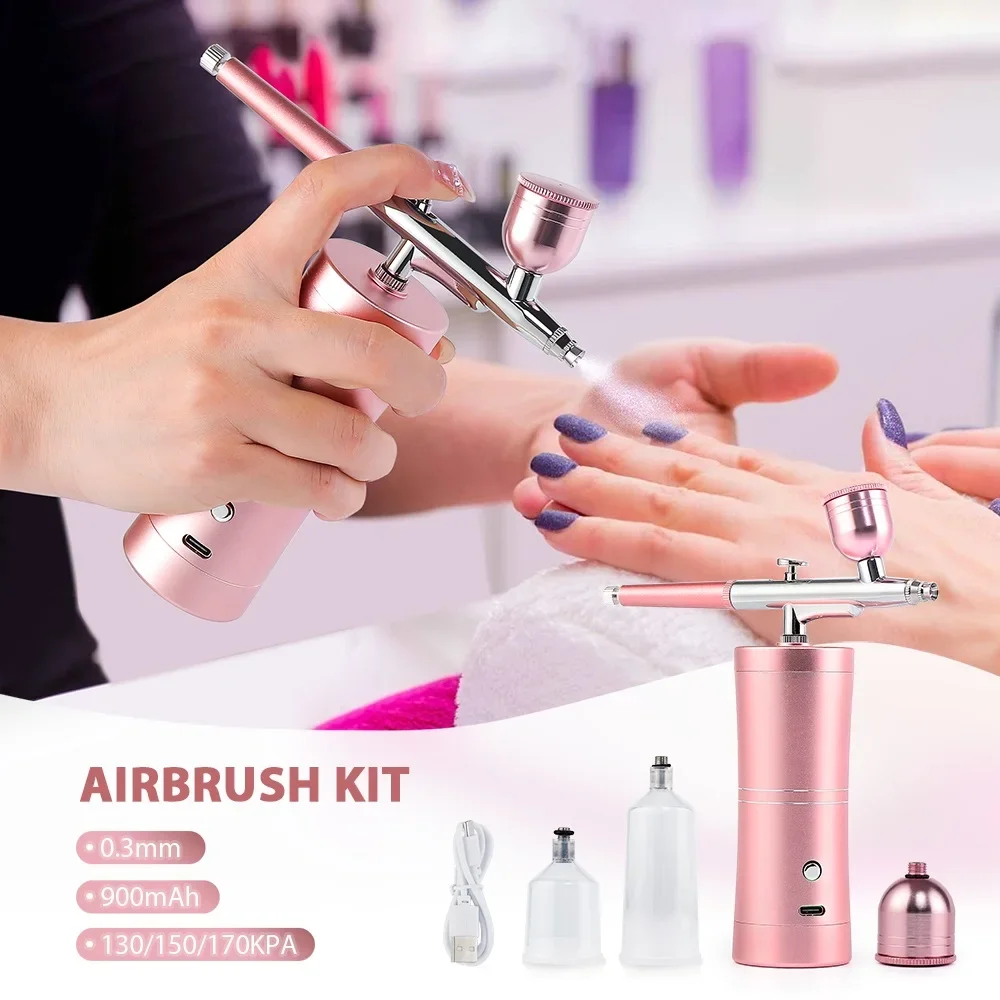 Top 0.3mm Pink Mini Air Compressor Kit Air-Brush Paint Spray Gun Airbrush For Na
