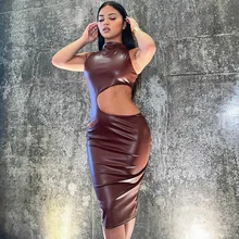

Wishyear 2022 Sexy Cut Out PU Leather Bodycon Dresses for Women Party Night Club Outfits Elegant Sleeveless Midi Dress