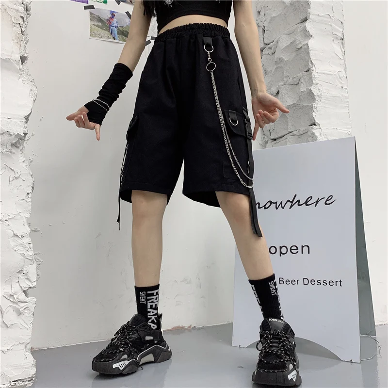 Y2K Hipster Unisex Men Shorts Chain Ribbon Pockets Cargo Shorts Male Female BF Wind Lovers Summer Streetwear Punk Motor Shorts