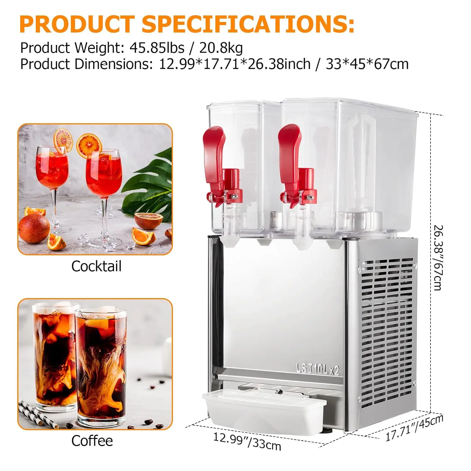 Commercial Beverage Dispenser, Towallmark 2 Tanks 5.28 Gallon 20L Commercial Juice Dispenser, 10 Liter Per Tank, 280W 3