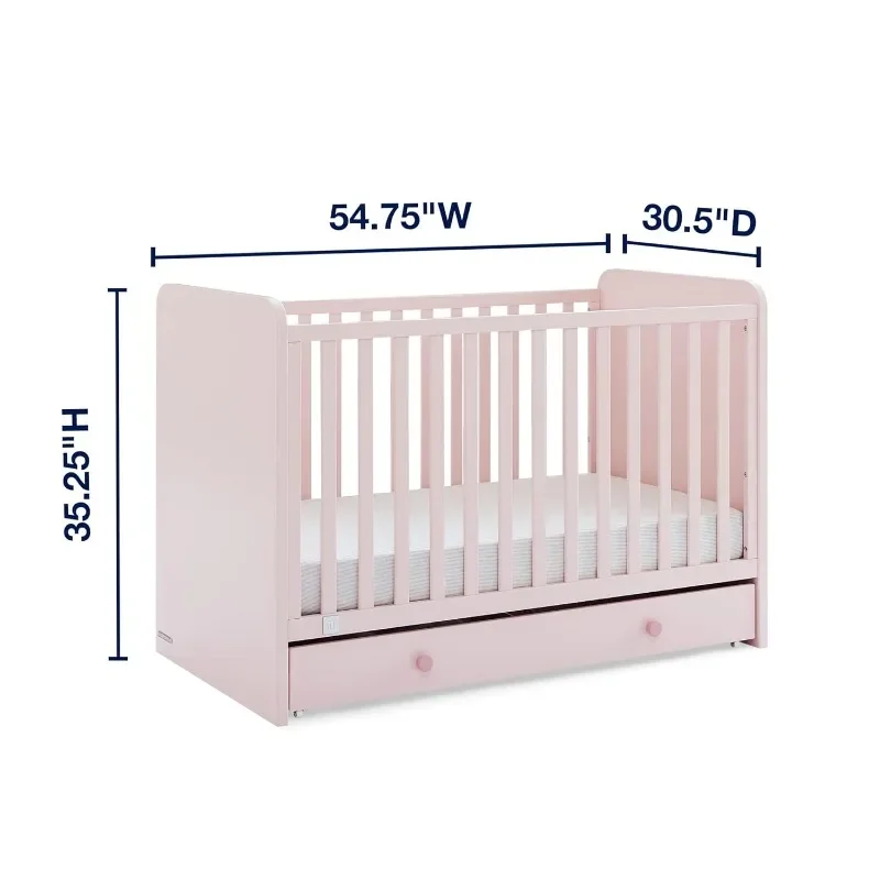 4-in-1 Convertible Crib with Storage Drawer - Greenguard Gold Certified, Blush Pink/Dark Pink 5