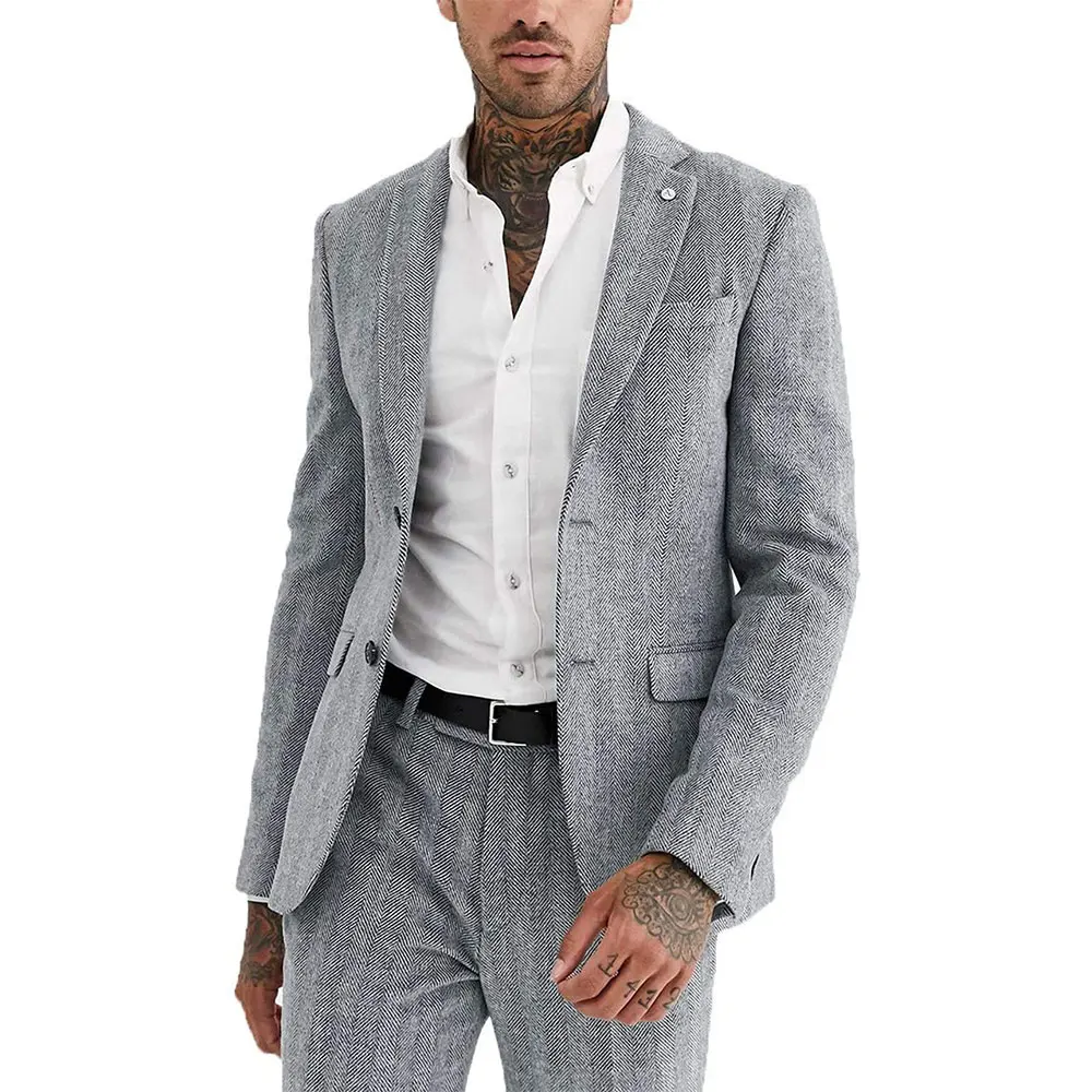 Wool Herringbone 2 Piece Mens Suit Formal Fashion Slim Fit Blazer Notch Lapel Tuxedos Groomsmen Wedding(Blazer+Pants)