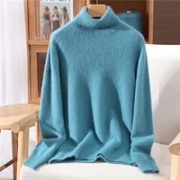 Women's High Collar 100% Mink Cashmere Sweater Autumn/Winter Long sleeves Knit Pullover Loose Bottom Fashion Basic Top 23 colors - Image 4