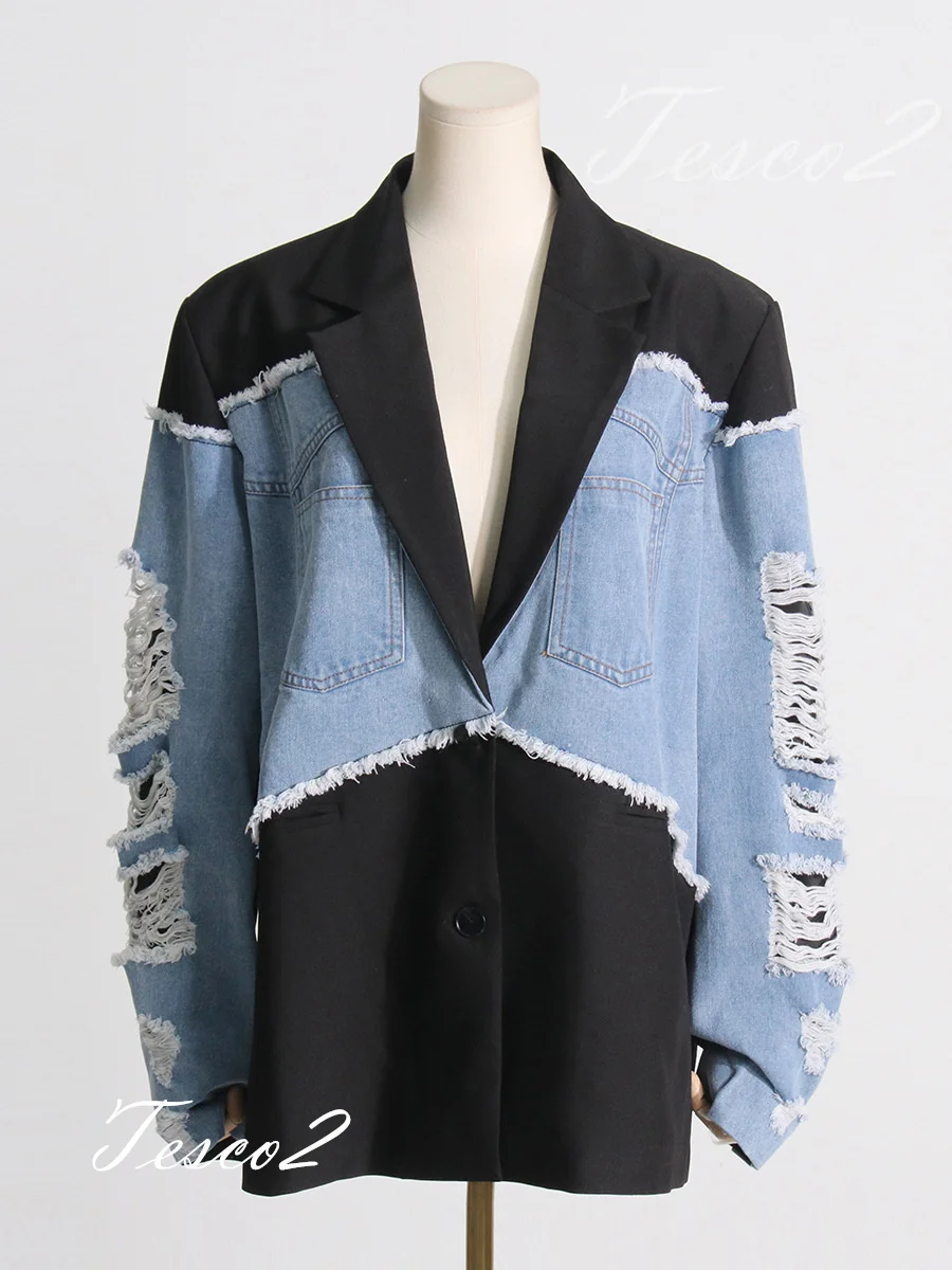 Tesco Spring Vintage Suit Blazer For Women Long Sleeve Denim Spliced Jacket Fashion Distressed Jacket Casual Loose Daily Blazer