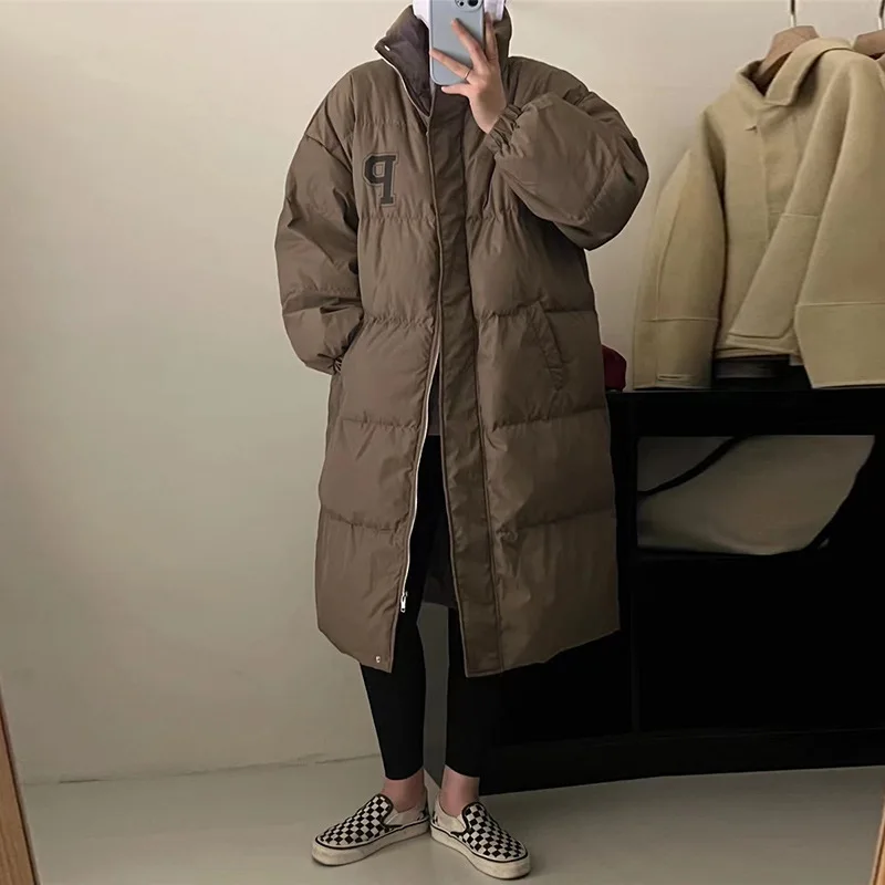 Women's Coat Long Straight Casual Parkas 2024 New Korean Loose Mid-Length Zipper Down Padded Jacket Thick Warm Female Outerwear