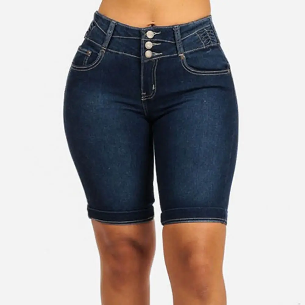 Summer Knee Length Jeans Woman Denim Shorts Elastic High Waist Jeans