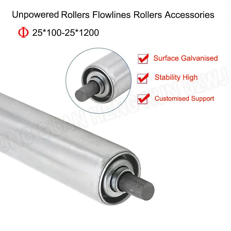 Galvanized Conveyor Line Rollers Diameter 25/38/50/60 Total Length 100-450mm Non-powered Roller Conveyor Line Roller Accessories bearing steel rod d type shaft grind flat linear rail round length 30 45 50 60mm diameter 5mm for voron motion parts