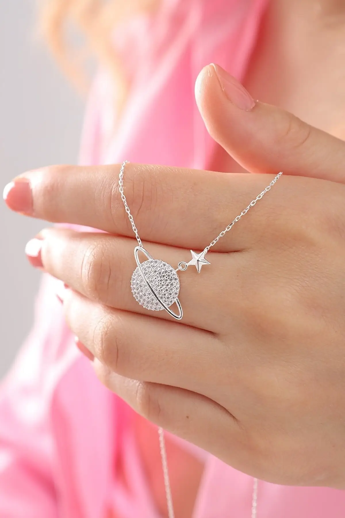 

Saturn Planet Model Necklace with 925 Sterling Silver Chain and White Zircon Stone