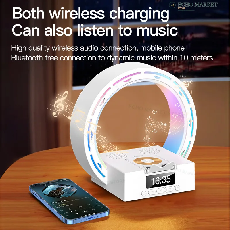 Haut-parleur Bluetooth avec charge sans fil, lampe de chevet avec réveil, lumière de réveil 4 en 1 pour chambre à coucher, prend en charge la clé USB, la carte TF 1