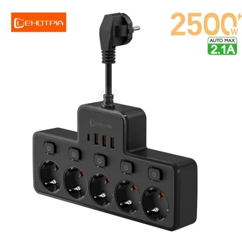 2500W EU AC Plug Power Strip Independent Switch Wall Mounted European Standard Plug Socket Network Filter With USB C Charging 1