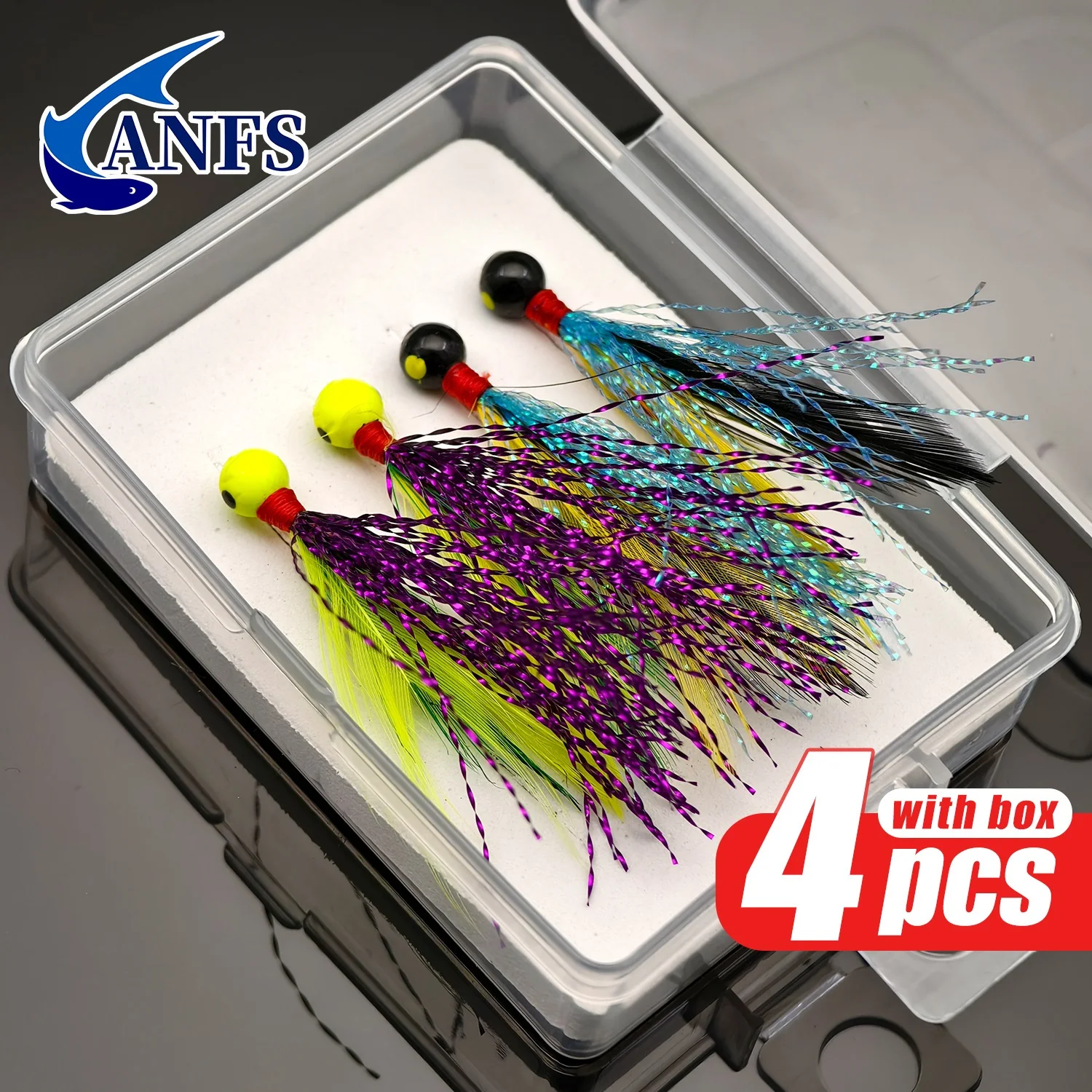 ANFS 4pcs Fly Fishing Lures with Box Jig Heads Ball Head Fishing Hooks Jig Lures 3D Eyes Fishing Jigging Bait