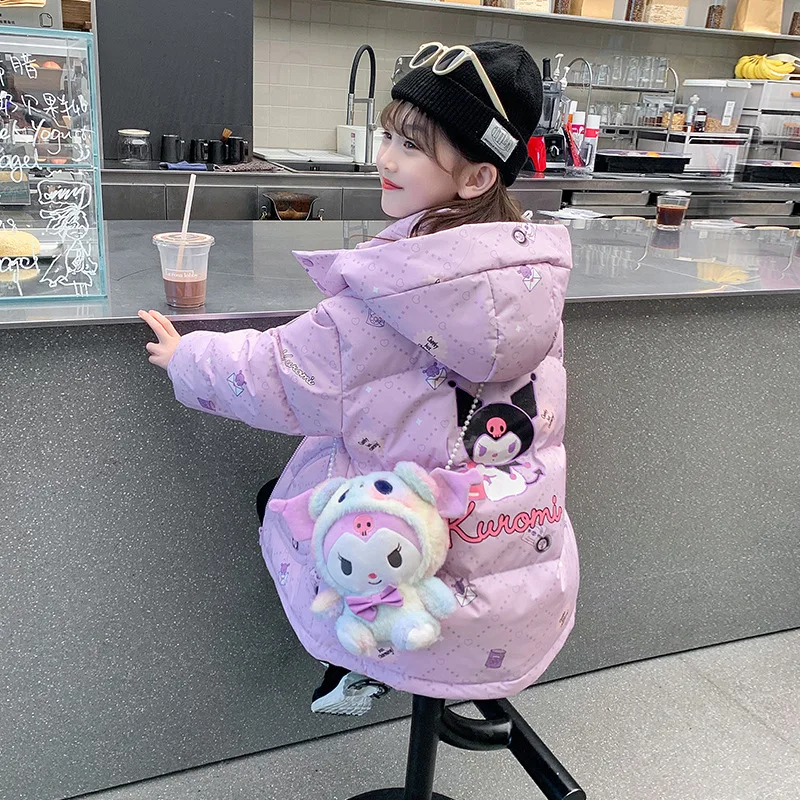 Down Jacket Children Jackets Girls Coat Teen Girls Sanrio Kuromi down Jacket Winter Fashion Children Hooded Velvet Thicken Windbreaker Coat Kids Clothers Outerwear
