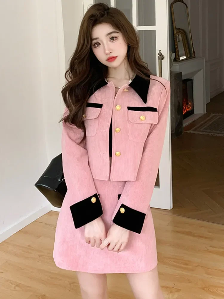 

New Small Fragrance Sweet 2 Piece Sets Women Outifit French Jacket Coat + Skirt Set French Vintage Corduroy Two Piece Suits