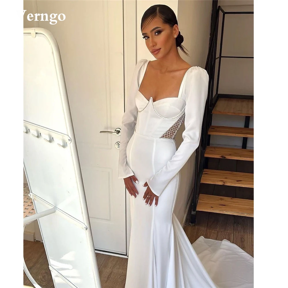 

Verngo Modern Long Sleeves Stretch Satin Mermaid Wedding Dresses Sweetheart Sweep Train Arabic Women Bridal Gowns Formal Dress