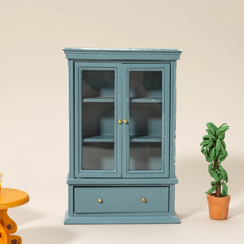 1:12 Dollhouse Miniature Cabinet Bookshelf Haze Blue Double Door Cabinet Model Display Cupboard Furniture Ornament Decor Toy