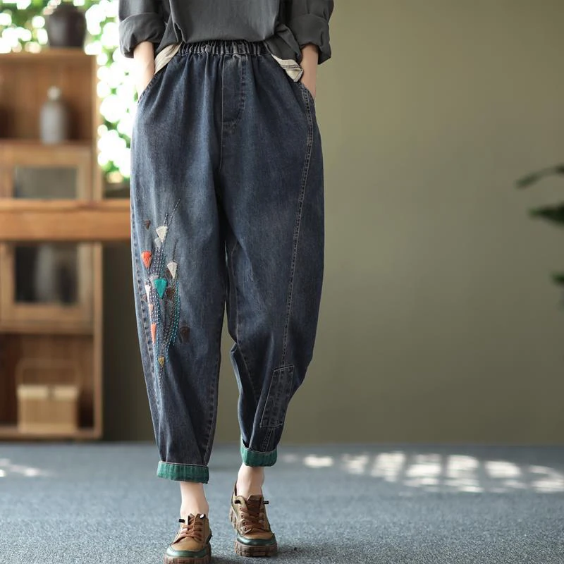 

2022 Spring Autumn New Arts Style Women Elastic Waist Cotton Denim Harem Pants Vintage Embroidery Ankle-length Loose Jeans C527