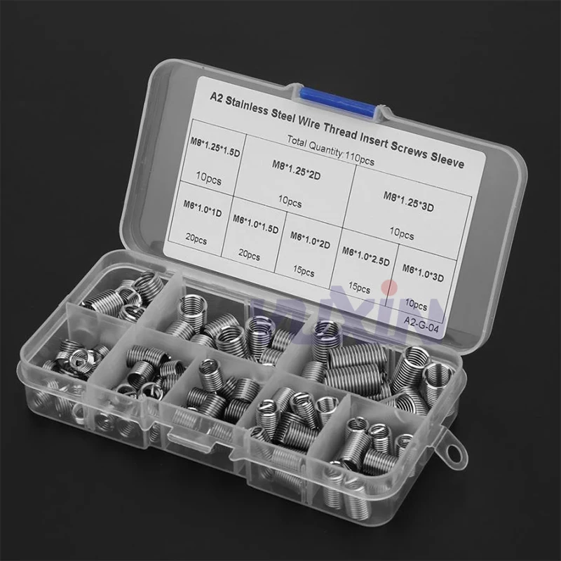 M6 M8 Stainless Steel Threaded Insert Coiled Wire Screw Bushing Helicoil Thread Repair Set Helical Thread Recovery Kit 110Pcs