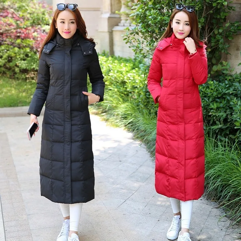 2023 New Women Down Jacket Winter Coat Female Extra Long Knee Length Parkas Thicken Detachable Cap Outwear Slim Overcoat