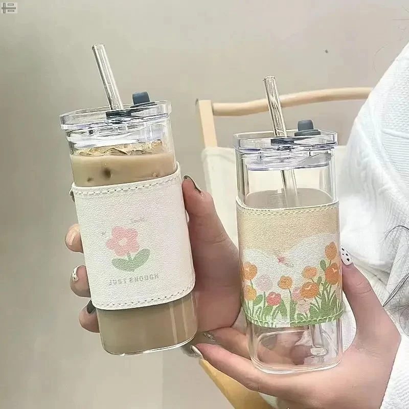 Square Heat Resistant Coffee Glass Cup With Lid and Straw