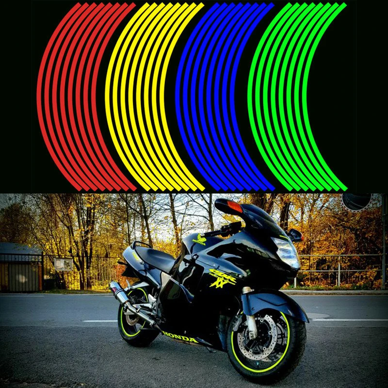 Moto Wheel Tire Stickers Strips Reflective Rim Tape Motorbike Decals Strips for Auto Decoration Accessories 16Pcs 17" 18"