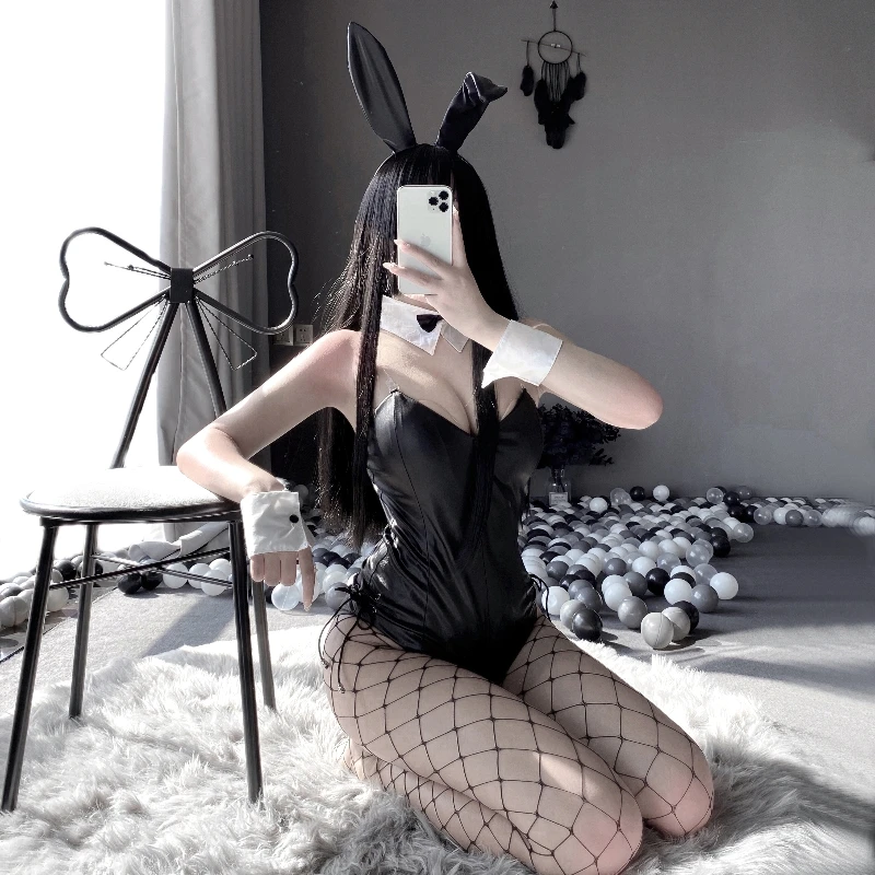 Cute Anime Bunny Girl Faux Leather Material Cosplay Costume Halloween Women One Piece Bodysuit Set Rabbit Suit Role play Kawaii