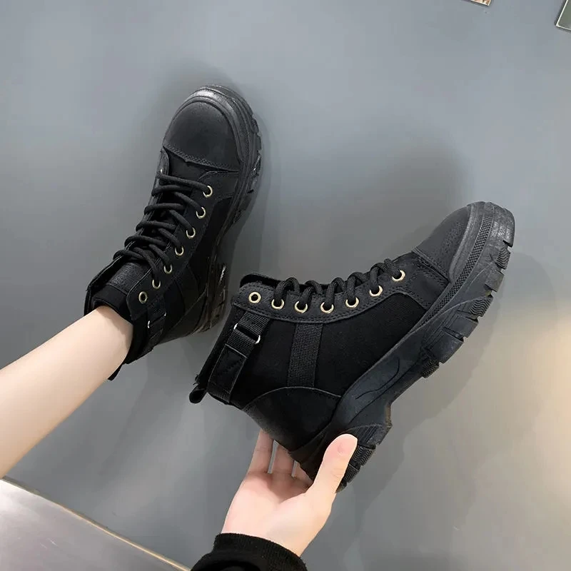 Women Boots Spring Casual Lace Up Platform Boots Flat Ladies