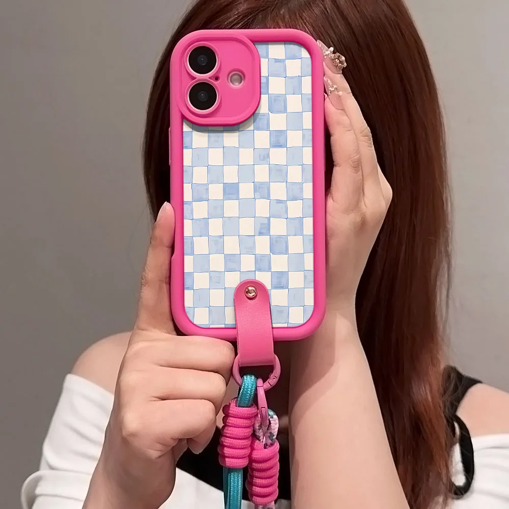 Watercolor Grid Checkered Lanyard Phone Strap Case