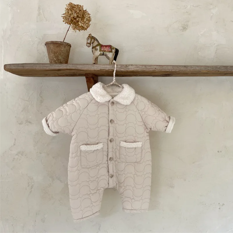 Winter Arrival Baby Girls Long Sleeves Dots Pattern Fleece-lined Warm Rompers
