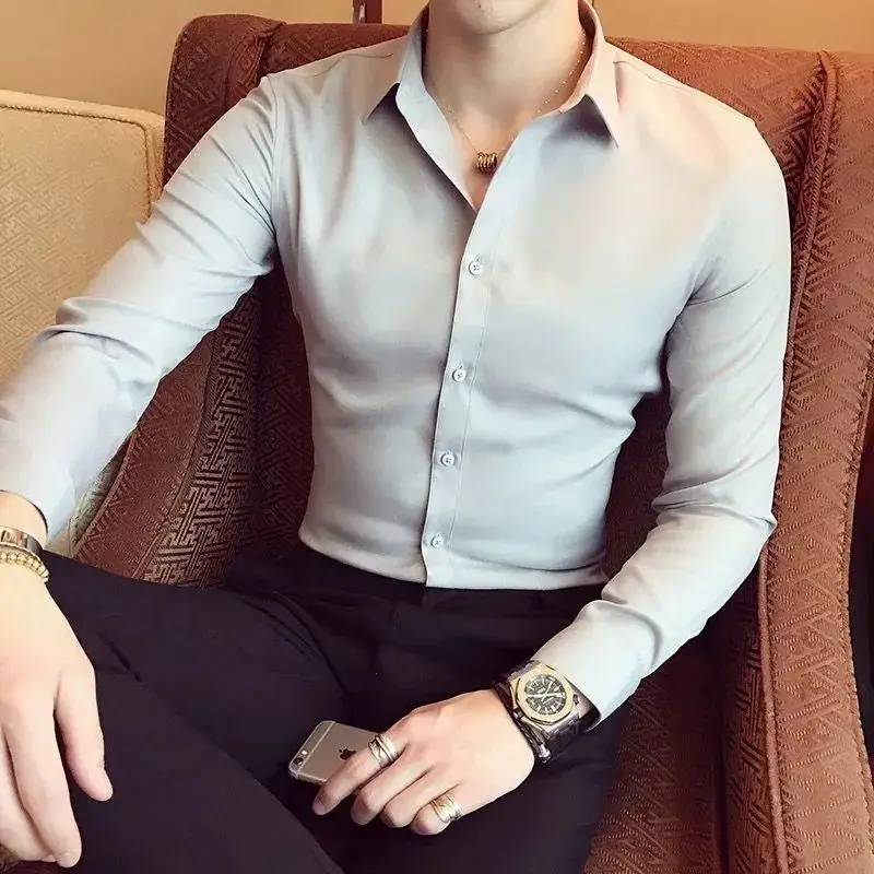 

2023 New High Quality Korean Fashion Stand Collar Shirt Male Long Sleeve Solid Color Business Casual Loose Simple Shirt Men H48